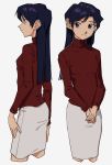  1girl blue_hair brown_eyes commentary cropped_legs highres idolmaster idolmaster_(classic) idolmaster_1 kisaragi_chihaya long_hair long_sleeves multiple_views own_hands_together pencil_skirt profile roivas simple_background skirt smile sweater turtleneck turtleneck_sweater 