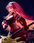  1girl axe biahnyang dress earrings fire_emblem fire_emblem:_three_houses gloves highres hilda_valentine_goneril holding holding_axe jewelry long_hair open_mouth pink_eyes pink_hair ponytail red_gloves solo 