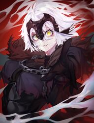  1girl absurdres armor black_gloves chain character_request covered_nipples fate/grand_order fate_(series) fur_trim gloves hair_between_eyes highres looking_at_viewer parted_lips reaching_out smile solo ssangbong-llama teeth torn_clothes turtleneck upper_body white_hair wide-eyed yellow_eyes 