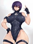  1girl bare_shoulders black_legwear blush breasts covered_navel fingerless_gloves fumio_(rsqkr) ghost_in_the_shell:_sac_2045 gloves gradient gradient_background grey_background hand_on_hip highres kusanagi_motoko large_breasts lips red_eyes solo thick_thighs thigh-highs thighs toned white_background 