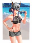  1girl absurdres alternate_hairstyle arknights bangs bare_arms bare_shoulders baseball_cap beach bikini black_bikini blue_hair blurry blurry_background border breasts ch&#039;en_(arknights) commentary_request cowboy_shot dragon_horns folded_ponytail grey_shorts groin hair_between_eyes hand_on_hip hand_up hat heart highleg highleg_bikini highres holding holding_eyewear horns kevala0513 long_hair looking_at_viewer medium_breasts navel ocean outdoors outside_border parted_lips red_eyes short_shorts shorts sidelocks solo standing stomach sunglasses swimsuit thighs water white_border 