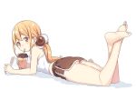  1girl ass bangs bare_arms bare_legs bare_shoulders barefoot blonde_hair blush brown_eyes brown_shorts bubble_tea camisole chinese_commentary closed_mouth commentary_request cup disposable_cup drinking drinking_straw eyebrows_visible_through_hair full_body hair_between_eyes hair_bobbles hair_ornament hatsunatsu holding holding_cup legs_up long_hair low_twintails lying on_stomach shadow short_shorts shorts solo twintails very_long_hair white_background white_camisole xiaoyuan_(you_can_eat_the_girl) you_can_eat_the_girl 