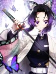  1girl ankkoyom artist_name bangs belt black_hair breasts bug butterfly butterfly_hair_ornament commentary_request gradient_hair hair_ornament haori highres holding insect japanese_clothes katana kimetsu_no_yaiba kochou_shinobu long_sleeves looking_at_viewer multicolored_hair parted_bangs pink_nails purple_hair short_hair_with_long_locks smile solo sword violet_eyes weapon white_belt 