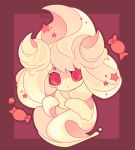  alcremie candy commentary creature english_commentary food full_body gen_8_pokemon highres jellubean no_humans pink_eyes pokemon pokemon_(creature) polka_dot polka_dot_background signature solo 
