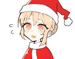  1girl blonde_hair blush buttoniris capelet commentary dot_nose english_commentary fang flying_sweatdrops fur-trimmed_capelet fur-trimmed_headwear fur_trim hat looking_at_viewer orange_eyes original red_capelet red_headwear santa_hat simple_background skin_fang solo two_(buttoniris) white_background 