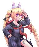  1girl absurdres alternate_costume animal_ear_fluff animal_ears backpack bag bespectacled blonde_hair braid chuo8008 commentary_request girls_frontline glasses hand_on_hip highres long_hair long_sleeves looking_at_viewer neckerchief parted_lips pleated_skirt randoseru red-framed_eyewear red_neckwear sailor_collar school_uniform serafuku simple_background skirt solo sr-3mp_(girls_frontline) twin_braids twintails v very_long_hair violet_eyes white_background 