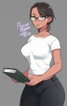  1girl 2020 agawa_ryou artist_name black-framed_eyewear black_hair black_pants book breasts collarbone commentary covered_nipples dated glasses green_eyes grey_background large_breasts looking_down original pants shirt short_hair signature simple_background solo white_shirt 
