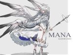  1girl absurdres angel angel_wings artist_name black_ribbon chocolate_(jitong) dress grey_background grey_eyes hair_ornament halo high_heels highres holding holding_weapon long_sleeves original ribbon simple_background solo standing weapon white_dress white_footwear white_hair white_wings wings 