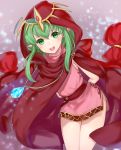  1girl dress fire_emblem fire_emblem:_mystery_of_the_emblem green_eyes green_hair haru_(nakajou-28) highres hood hood_up long_hair open_mouth pink_dress pointy_ears short_dress solo tiara tiki_(fire_emblem) 