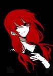  1girl black_background buttoniris habit hand_up head_tilt highres long_hair looking_at_viewer low_twintails monochrome original pale_skin parted_lips red-haired_girl_(buttoniris) red_theme redhead simple_background smile solo twintails upper_body 