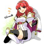  /\/\/\ 1girl armor bangs black_gloves black_legwear blush boots breasts capelet celica_(fire_emblem) commentary cowboy_shot double-breasted dress earrings elbow_gloves eyebrows_visible_through_hair fingerless_gloves fire_emblem fire_emblem_echoes:_shadows_of_valentia gloves jewelry knee_boots knee_guards looking_at_viewer medium_breasts medium_hair open_mouth parted_bangs red_eyes redhead simple_background sitting smile solo thigh-highs thighhighs_under_boots thighs tiara twitter_username white_background white_capelet white_dress white_footwear white_legwear yukia_(firstaid0) 