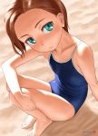  1girl aqua_eyes bangs bare_arms bare_legs bare_shoulders barefoot blue_swimsuit blush breasts brown_hair collarbone commentary_request competition_school_swimsuit competition_swimsuit forehead highres looking_at_viewer mu-pyon one-piece_swimsuit original outdoors sand school_swimsuit short_hair sitting small_breasts solo swimsuit toes twitter_username 