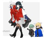  2boys 2girls armor black_gloves blonde_hair blue_cape blue_eyes blue_hair byleth_(fire_emblem) byleth_eisner_(female) byleth_eisner_(male) cape carrying closed_mouth covering_face dimitri_alexandre_blaiddyd edelgard_von_hresvelg eyepatch feyyyyyyk fire_emblem fire_emblem:_three_houses fur_trim gloves green_hair high_heels highres horns multiple_boys multiple_girls princess_carry short_hair simple_background smile twitter_username white_hair 