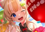  1girl balloon bangs bare_shoulders blonde_hair blue_eyes blunt_bangs blush commentary_request earrings face fang festival haiba_09 hair_bun hair_ornament hairclip jewelry looking_at_viewer one_eye_closed original smile solo 