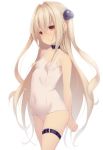  1girl arm_behind_back bangs black_collar blonde_hair breasts closed_mouth collar commentary_request copyright_request covered_nipples dog_collar eyebrows_visible_through_hair hair_ornament highres jitome long_hair looking_at_viewer red_eyes shokuyou_mogura simple_background small_breasts solo standing swimsuit thigh_strap two_side_up very_long_hair white_background white_swimsuit 