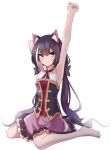  1girl animal_ear_fluff animal_ears arm_up armpits barefoot black_hair cat_ears chromatic_aberration eyebrows_visible_through_hair full_body green_eyes hair_ribbon highres kyaru_(princess_connect) long_hair looking_to_the_side low_twintails pink_skirt princess_connect! princess_connect!_re:dive purple_ribbon ribbon simple_background sitting skirt sleeveless solo sweat tetuw twintails white_background 