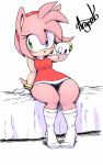  1girl amy_rose argento_(sonicboom53) artist_name bed blush commentary dress english_commentary gloves green_eyes hairband hedgehog hedgehog_ears hedgehog_girl hedgehog_tail highres kneehighs looking_to_the_side on_bed pink_hair red_dress red_hairband simple_background sitting sitting_on_bed socks solo sonic_the_hedgehog thick_thighs thighs white_legwear 
