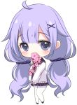  1girl ahoge azur_lane bangs blush cardigan cherry_blossoms chibi commentary_request eyebrows_visible_through_hair flower_in_mouth full_body hair_ornament hair_scrunchie long_hair long_sleeves looking_at_viewer low_twintails neckerchief pantyhose pink_neckwear pleated_skirt purple_hair purple_sailor_collar purple_scrunchie purple_skirt sailor_collar school_uniform scrunchie sidelocks simple_background skirt solo standing sukireto twintails unicorn_(amusement_park_date)_(azur_lane) unicorn_(azur_lane) very_long_hair violet_eyes white_background white_cardigan white_legwear x_hair_ornament 