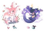  brown_eyes charamells closed_eyes clouds commentary corsola dragapult dreepy english_commentary full_body fusion gen_1_pokemon gen_2_pokemon gen_5_pokemon gen_8_pokemon highres multiple_fusions munna no_humans pokemon seaweed simple_background standing vaporeon white_background 