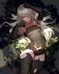  android arm_up bare_shoulders black_gloves blue_eyes collarbone covered_navel elbow_gloves gloves grass hair_between_eyes highres jiro_(ninetysix) long_hair lying mole mole_under_mouth nier_(series) nier_automata on_back one_eye_closed parted_lips white_hair yorha_type_a_no._2 