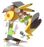  braid brown_hair clothed_pokemon commentary_request cosplay_pikachu creature full_body gen_1_pokemon hatted_pokemon highres jaibus no_humans pencil pikachu pikachu_phd pocket pokemon pokemon_(creature) simple_background solo twin_braids white_background 