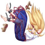 1girl arms_behind_head barefoot blonde_hair breasts chain closed_mouth eyebrows_visible_through_hair falling full_body horn hoshiguma_yuugi large_breasts long_hair long_skirt looking_at_viewer one_eye_closed ootsuki_wataru pointy_ears red_eyes short_sleeves skirt smile solo tabi touhou transparent_background