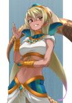  1girl arm_under_breasts bangs blonde_hair bracelet breasts commentary egyptian_clothes eyebrows_visible_through_hair gradient_hair hair_between_eyes highres jewelry kemono_friends king_cobra_(kemono_friends) light_brown_eyes long_hair medium_breasts midriff multicolored_hair navel pants parted_lips pink_hair smile snake_tail solo tail tanabe_(fueisei) usekh_collar veil very_long_hair white_pants 