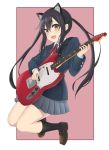  1girl :o animal_ears black_hair black_legwear blazer brown_eyes brown_footwear cat_ears electric_guitar fake_animal_ears full_body grey_skirt guitar highres instrument jacket k-on! music nakano_azusa playing_instrument school_uniform sidelocks skirt socks solo sozoremi twintails 