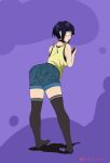  1girl ass back bangs bent_over blue_hair boku_no_hero_academia breasts denim denim_shorts earlobes food from_behind fruit full_body gym_shirt highres holding jirou_kyouka legs_apart looking_at_viewer looking_back open_mouth peach phone plug self_upload shirt short_hair short_sleeves shorts simple_background sleeveless sleeveless_shirt solo standing tank_top theanimegirl thigh-highs thighs untucked_shirt yellow_shirt 