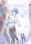  1girl black_legwear blue_hair book bookshelf brown_footwear creature glasses hairband ibe_yukiko jewelpet_(series) jewelpet_twinkle labcoat official_art orange_skirt red_eyes sapphie_(jewelpet) sara_(jewelpet_twinkle) school_uniform short_hair skirt thigh-highs vest yellow_vest 