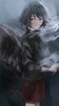  1girl black_hair brown_eyes cigarette grey_background highres long_sleeves nonaka_haru red_skirt skirt smoking solo standing umi_yukari wings yesterday_wo_utatte 