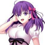  1girl bangs breasts dress fate/stay_night fate_(series) hair_ribbon large_breasts long_hair looking_at_viewer matou_sakura mishiro0229 open_mouth pink_ribbon puffy_short_sleeves puffy_sleeves purple_hair ribbon short_sleeves simple_background smile solo violet_eyes white_dress 