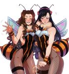  2girls aerith_gainsborough arm_around_waist bee_costume black_hair blush breasts brown_hair embarrassed fake_antennae final_fantasy final_fantasy_vii final_fantasy_vii_remake fishnet_legwear fishnets flower fur_collar hair_flower hair_ornament insect_wings kukumomo leotard long_hair low-tied_long_hair multiple_girls open_mouth pantyhose smile stinger tifa_lockhart waving wavy_hair wings 