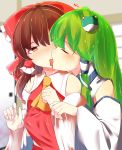  2girls absurdres ascot bow brown_eyes brown_hair closed_eyes commentary_request detached_sleeves french_kiss frog_hair_ornament green_hair hair_bow hair_ornament hair_tubes hakurei_reimu hand_under_clothes heart highres indoors kiss kochiya_sanae long_hair mokutan_(link_machine) multiple_girls red_bow saliva short_hair snake_hair_ornament tongue tongue_out touhou yellow_neckwear yuri 