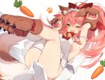  1girl animal_ear_fluff animal_ears apron bangs bell bell_collar blush breasts cat_hair_ornament collar fangs fate/extra fate/grand_order fate_(series) fox_ears fox_girl fox_tail gloves hair_ornament jingle_bell large_breasts long_hair looking_at_viewer muryotaro naked_apron paw_gloves paw_shoes paws pink_hair revision shoes simple_background smile solo tail tamamo_(fate)_(all) tamamo_cat_(fate) 