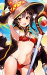  1girl ass_visible_through_thighs bandages bangs beach bikini blush breasts brown_hair cape cowboy_shot day eyebrows_visible_through_hair groin hair_between_eyes halterneck hand_on_headwear hands_up hat highres holding holding_staff kono_subarashii_sekai_ni_shukufuku_wo! looking_at_viewer megumin mika_pikazo navel o-ring o-ring_bikini open_mouth outdoors palm_tree pout red_bikini red_eyes short_hair short_hair_with_long_locks side-tie_bikini small_breasts smile solo staff standing swimsuit swimsuit_under_clothes thigh-highs tree witch_hat 