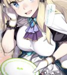  1girl 92m black_bow blonde_hair blue_eyes bow breasts elf gloves hair_bow highres holding holding_plate large_breasts long_hair looking_at_viewer open_mouth plate pointy_ears princess_connect! princess_connect!_re:dive sasaki_saren smile solo 