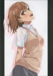  1girl :d absurdres arched_back arms_behind_back brown_eyes brown_hair cowboy_shot dress_shirt grey_skirt highres looking_at_viewer misaka_mikoto open_mouth pleated_skirt puma_(hyuma1219) scan school_uniform shirt short_hair short_sleeves skirt smile solo sweater_vest teeth to_aru_kagaku_no_railgun to_aru_majutsu_no_index tokiwadai_school_uniform 