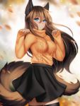  1girl animal_ears autumn autumn_leaves black_skirt blue_eyes blurry blurry_background breasts brown_hair dot_nose eyebrows_visible_through_hair gigamessy hair_between_eyes long_hair long_sleeves looking_at_viewer original paw_pose sidelocks simple_background skirt sleeves_past_wrists smile solo standing sweater tail thigh-highs turtleneck turtleneck_sweater twisted_torso wind zettai_ryouiki 