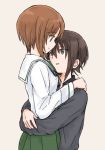  2girls arms_around_neck bangs beige_background black_neckwear blouse brown_eyes brown_hair closed_mouth commentary dress_shirt eyebrows_visible_through_hair girls_und_panzer grey_shirt hug incest kuromorimine_school_uniform long_sleeves looking_at_another multiple_girls mutsu_(layergreen) neckerchief nishizumi_maho nishizumi_miho ooarai_school_uniform parted_lips school_uniform serafuku shirt short_hair siblings simple_background sisters sitting smile standing white_blouse 