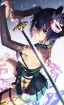  1girl bare_shoulders blurry bridal_gauntlets chromatic_aberration depth_of_field floral_print flower_knot fox_mask fujiya_takao green_eyes hair_between_eyes highres hip_vent holding holding_sword holding_weapon japanese_clothes jewelry katana kusunoki_suzu leg_belt looking_at_viewer mask mask_on_head miniskirt original pleated_skirt purple_hair short_hair skirt sleeveless solo sword tassel weapon 