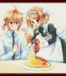  1boy 1girl apron black_dress blonde_hair blue_eyes blush bottle bow cellphone collar commentary dress dress_shirt food food_writing frilled_collar frills haine_koko hair_bow hair_ornament hairclip hand_on_own_chest heart holding holding_bottle holding_phone kagamine_len kagamine_rin ketchup_bottle leaning_forward maid maid_apron maid_dress maid_headdress necktie omurice open_mouth phone plate recording shirt short_hair short_ponytail smartphone smile spiky_hair squeezing standing twintails upper_body v-shaped_eyebrows vocaloid white_bow white_shirt 