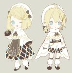  1boy 1girl bangs bass_clef beige_background beret black_gloves blonde_hair blue_eyes boots borrowed_design braid capelet chibi commentary dress eighth_note full_body fur-trimmed_boots fur-trimmed_capelet fur_trim gloves hair_ornament hairclip hand_up hat highres kagamine_len kagamine_rin musical_note musical_note_hair_ornament one_eye_closed open_mouth shirt short_hair short_ponytail shorts smile snowflake_print spiky_hair standing swept_bangs treble_clef vocaloid waving white_beret white_capelet white_dress white_headwear white_shirt white_shorts yamiluna39 yuki_len yuki_rin 