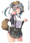  1girl animal_ears arm_warmers black_ribbon blush brown_footwear buttons clenched_hands cropped_legs dog_ears dog_tail ebifurya eyebrows_visible_through_hair grey_hair grey_skirt hair_ribbon highres kantai_collection kasumi_(kantai_collection) long_hair open_mouth paw_pose pleated_skirt revision ribbon shirt short_sleeves side_ponytail simple_background skirt solo suspender_skirt suspenders tail twitter_username white_background white_shirt 