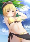  1girl arm_up bare_shoulders bikini black_headwear blonde_hair blue_sky blurry blurry_background breasts closed_mouth clouds cowboy_shot crescent day hat highres karasusou_nano light_smile looking_at_viewer lunasa_prismriver medium_breasts medium_hair navel outdoors palm_tree sarong sky solo stomach summer swimsuit touhou tree yellow_bikini yellow_eyes 