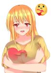  1girl big_breasts blonde_hair blush breasts emoji moe red_eyes simple_background smile 