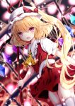  1girl :d ascot bangs blonde_hair blurry blurry_background bow collared_shirt crystal depth_of_field dutch_angle eyebrows_visible_through_hair flandre_scarlet frilled_shirt_collar frills hair_between_eyes hat hat_bow holding laevatein long_hair mob_cap nanase_nao one_side_up open_mouth pleated_skirt puffy_short_sleeves puffy_sleeves red_bow red_skirt red_vest shirt short_sleeves skirt skirt_set smile solo thigh-highs touhou very_long_hair vest violet_eyes white_headwear white_legwear white_shirt wings yellow_neckwear 