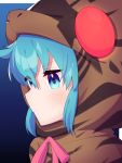  1girl aqua_eyes aqua_hair blue_background blush closed_mouth commentary eyebrows_visible_through_hair face frown gradient gradient_background highres hood hood_up hoodie kemono_friends looking_to_the_side neck_ribbon red_neckwear ribbon short_hair snake_hood solo takosuke0624 tsuchinoko_(kemono_friends) 