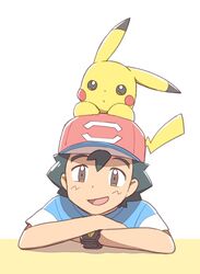  1boy :d ame_(ame025) ash_ketchum bangs baseball_cap black_hair bracelet brown_eyes gen_1_pokemon hat jewelry male_focus on_head open_mouth pikachu pokemon pokemon_(anime) pokemon_(creature) pokemon_on_head pokemon_sm_(anime) shirt short_hair short_sleeves smile striped striped_shirt t-shirt tongue z-ring 