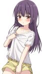  1girl bangs blush brown_eyes closed_mouth collarbone eyebrows_visible_through_hair hair_between_eyes highres hippo_(hirople) long_hair looking_at_viewer original purple_hair shirt shirt_tug short_sleeves simple_background skirt solo very_long_hair white_background white_shirt yellow_skirt 